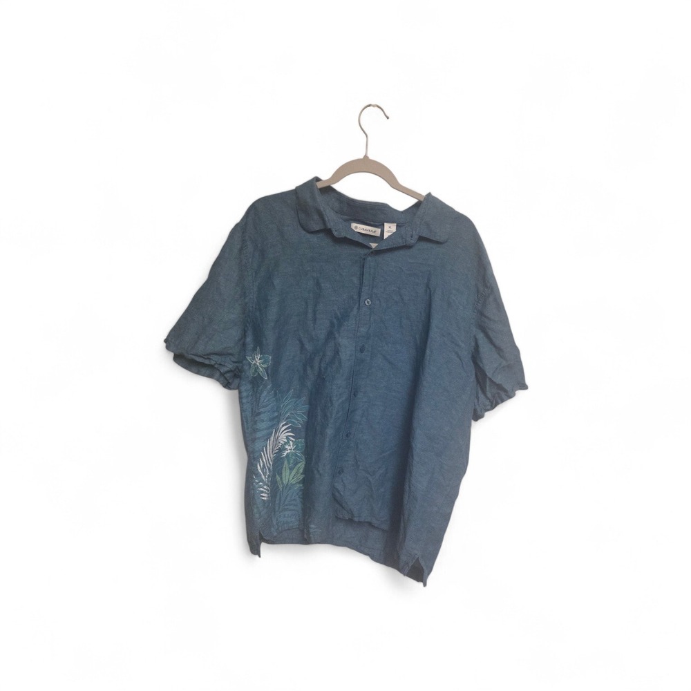 Cubavera Mens XL Blue Linen Blend Short Sleeve Tropical Floral Button Down Shirt